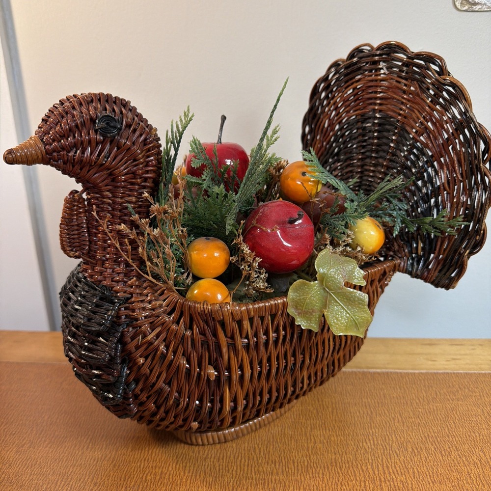 Vintage Wicker Turkey Woven Rattan Bread Basket Planter Farmhouse Country Filled
